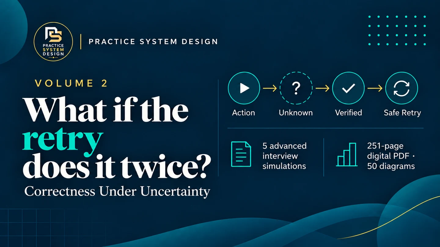 Cover of Practice System Design Volume 2 — Correctness Under Uncertainty, showing the ACTION → UNKNOWN → VERIFIED → SAFE RETRY sequence.